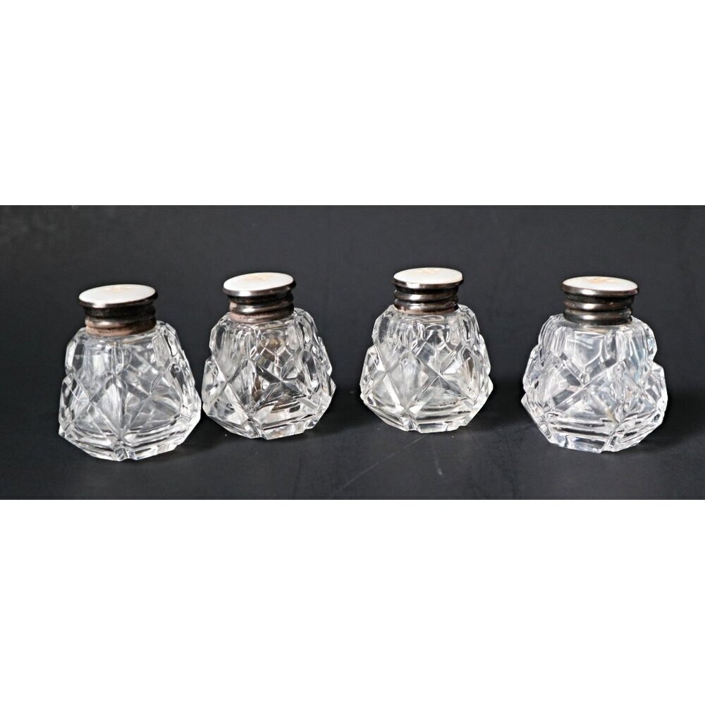 2 Sets of Cut Crystal Salt and Pepper Shakers Sterling Mother of Pearl Lids
